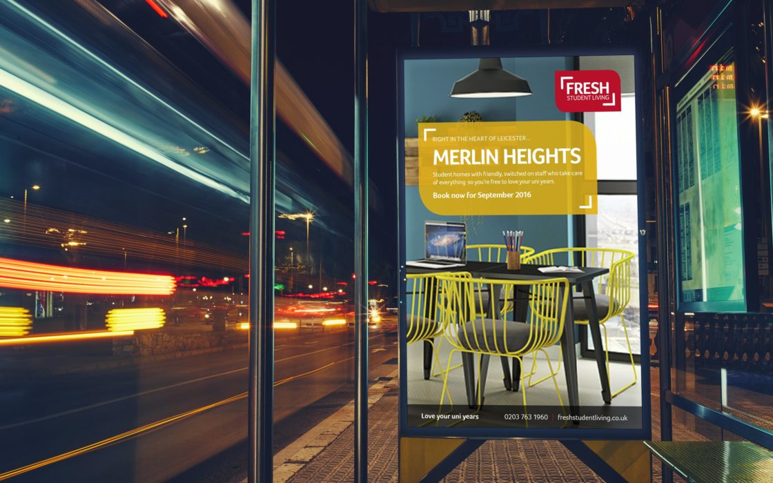 Fresh Student Living bus stop poster advertising Merlin Heights.