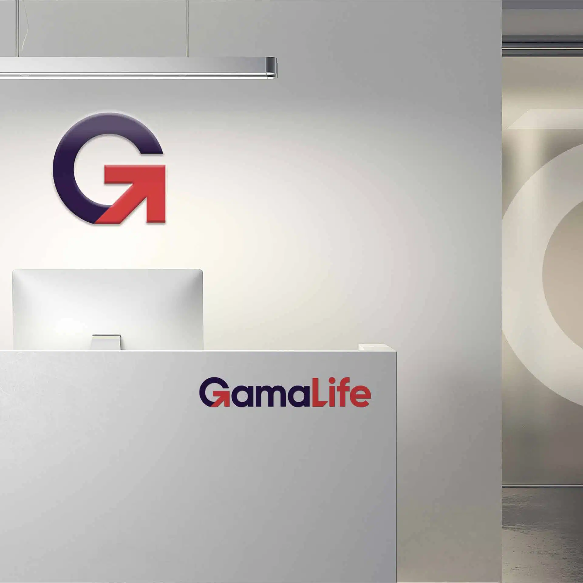 Gama — office interior signage featuring the Gama logo and wordmark.
