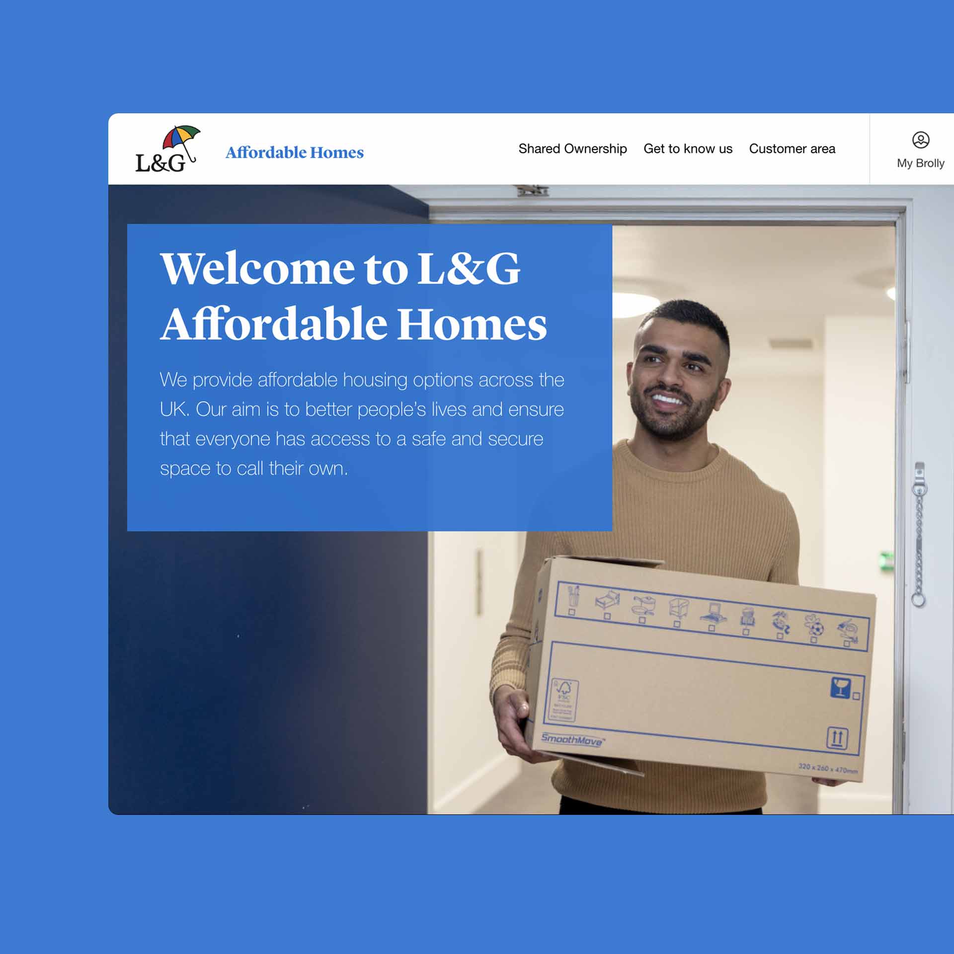 L&G Affordable Homes website design featuring a resident moving into a new home.