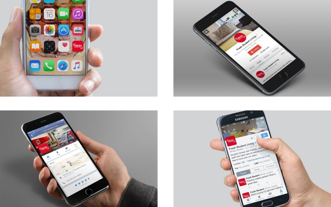 Four images of smart phones showing Fresh Student Living app, and social media profiles.
