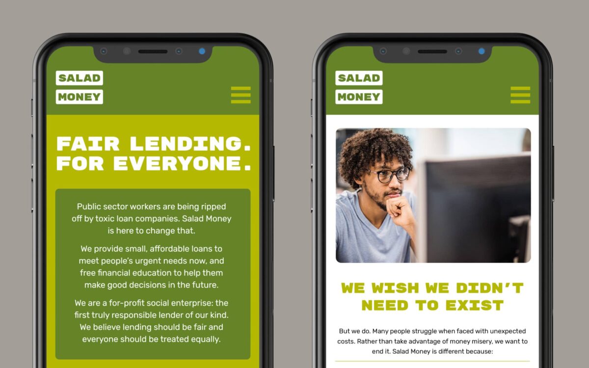 Image of two phone screens showing the Salad Money website and their brand positioning.