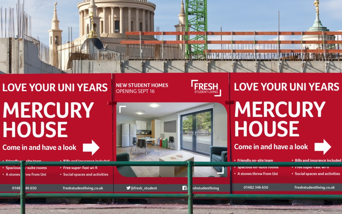 Wall outside building site showing Fresh Student Living's Mercury House.