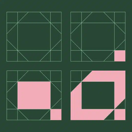 Amplius logo design showing geometric logo development sketches in green and pink.