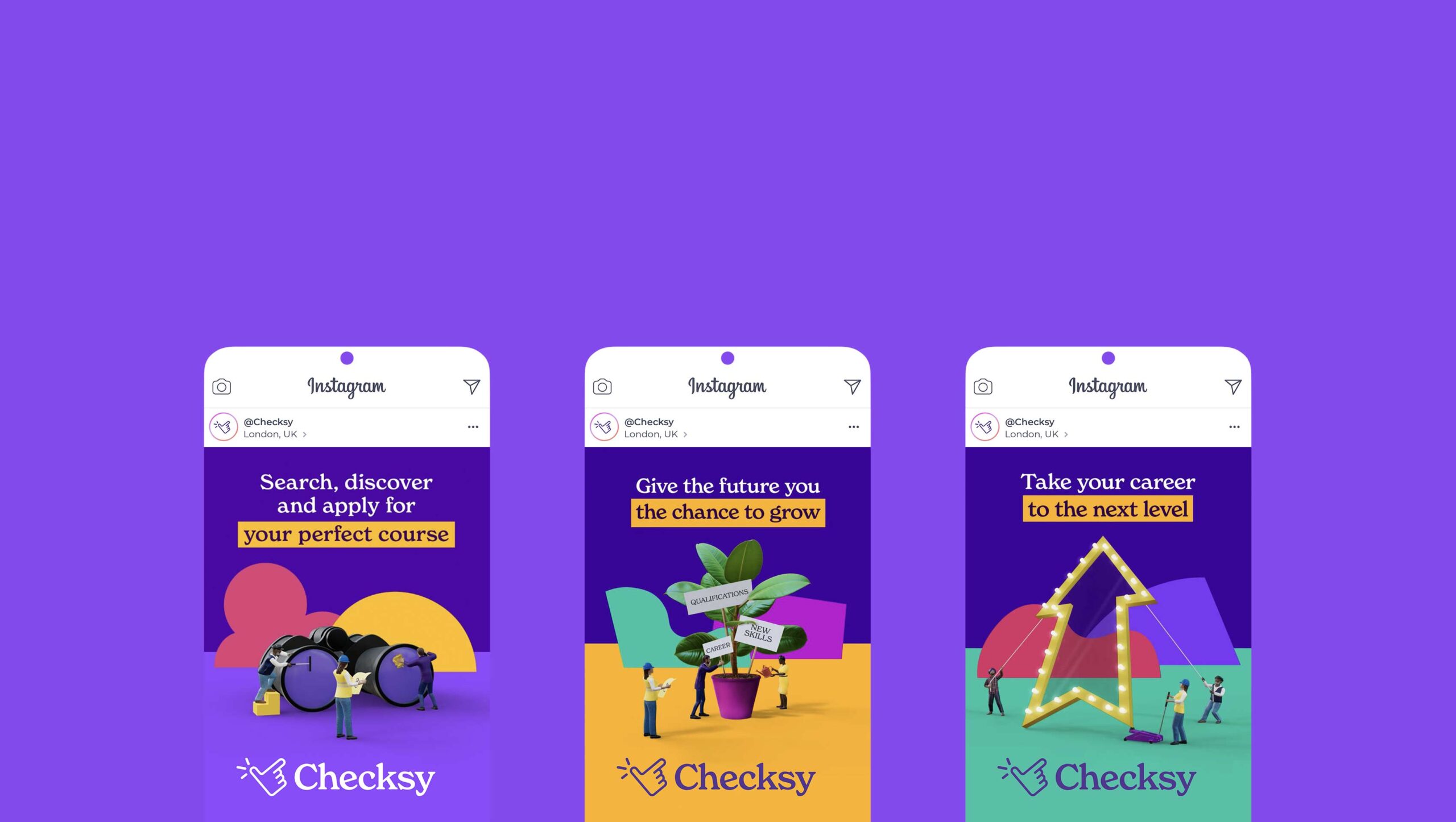 Checksy Instagram campaign posts on a purple background.