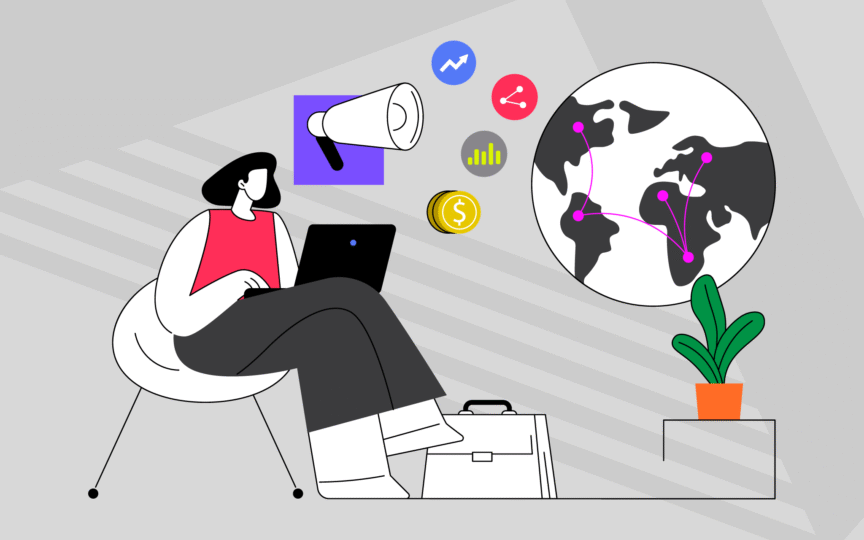 Illustration of person sitting in a chair using laptop with depiction of global marketing impact.