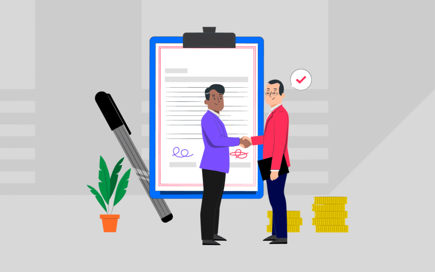 Illustration of two men shaking hands in front of a giant clipboard with a signed document, symbolizing a business agreement. There's a large pen, a plant, and stacks of gold coins nearby.