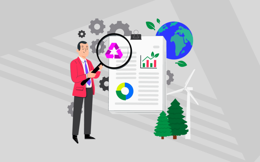 Illustration shows a man in a suit holding a magnifying glass over a document with a recycling symbol. The document also features charts and graphs.