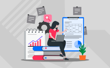 A stylized illustration of a woman working on a laptop while sitting on a stack of books. Surrounding her are various business and finance-related symbols, including a clipboard with a chart, a gear, a magnifying glass icon, a bar graph, and pinned notes.