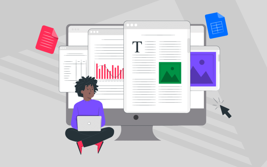 Illustration of a person with laptop surrounded by charts, text, and images, symbolizing annual report design.