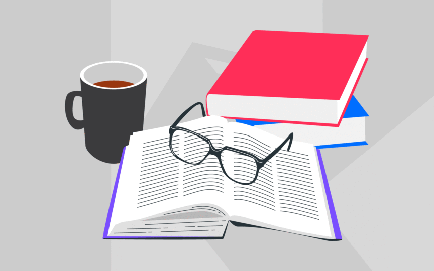 Illustration shows an open book with a pair of glasses resting on it. A stack of books and a coffee mug are next to it.