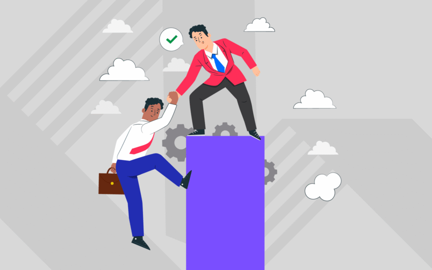 An illustration of person helping up another person on their platform.