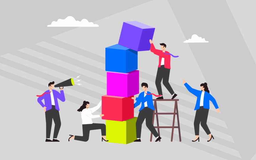 An illustration of a team stacking building blocks.