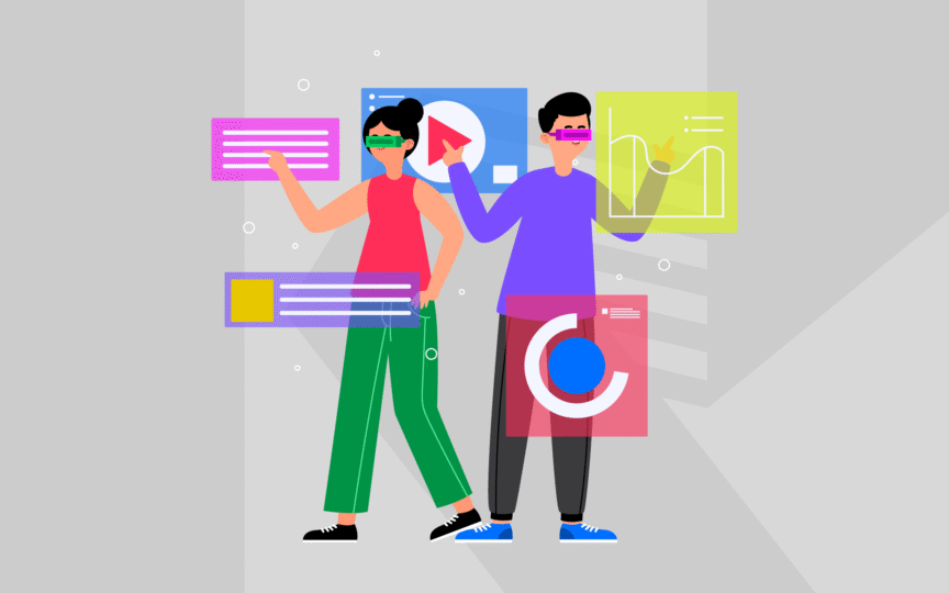 Illustration of two people checking metrics in futuristic goggles.