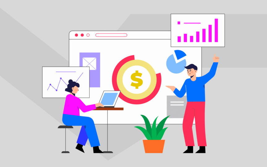 Two people analysing metrics for investment.