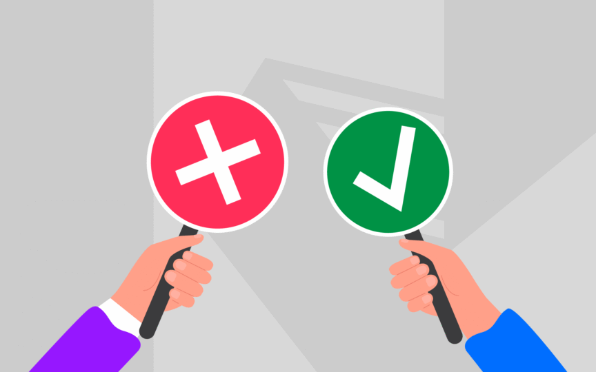 Two paddles: one green with a checkmark; one red with a cross.