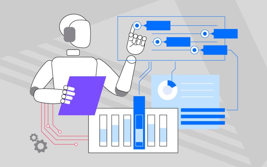 A robot interacting with digital data charts and toggles, representing the activation and monitoring of brand-aligned AI systems.