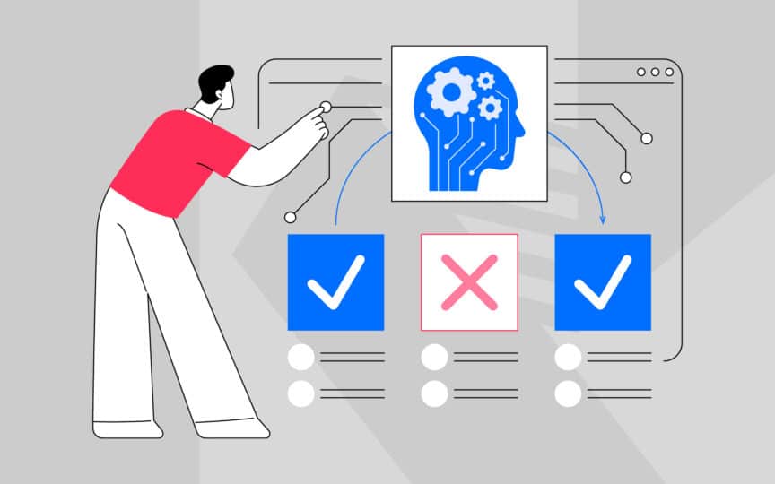 A person managing a digital checklist with checkmarks and an 'X', illustrating AI brand governance that supports team speed and accuracy.