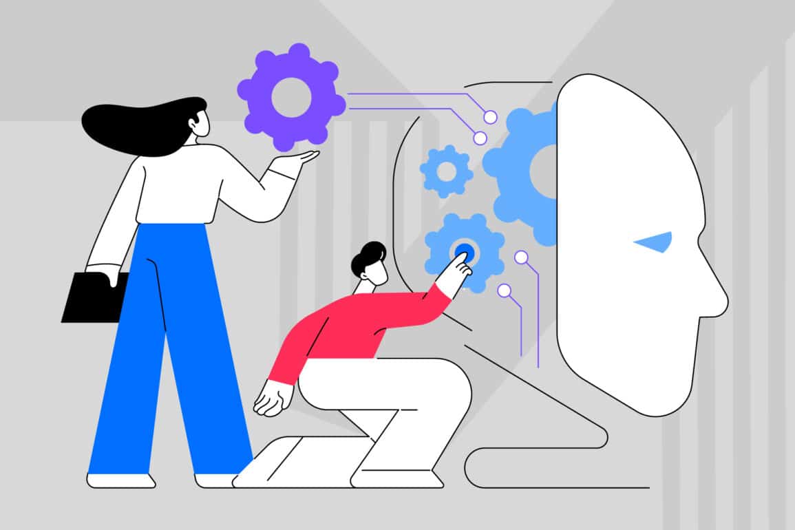 Two people adjusting digital gears inside an AI profile silhouette, representing brand AI guardrails and technological brand management.