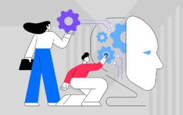 Two people adjusting digital gears inside an AI profile silhouette, representing brand AI guardrails and technological brand management.