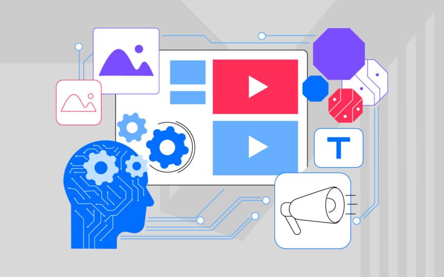 A circuit-style head surrounded by digital content icons like video and text.