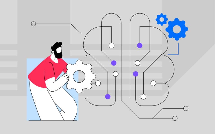 Illustration of a man placing a gear into a human brain diagram, representing the integration of AI guardrails and strategic brand thinking.