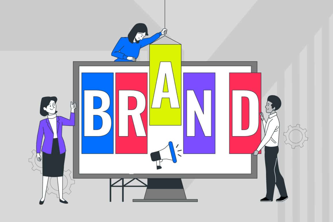 Illustration of a team assembling the word "BRAND" on a digital screen, symbolizing brand alignment and marketing strategy.