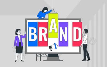 Illustration of a team assembling the word "BRAND" on a digital screen, symbolizing brand alignment and marketing strategy.