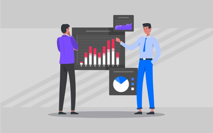 Illustration of two professionals analyzing a data dashboard with bar charts and pie graphs, representing brand alignment case studies.