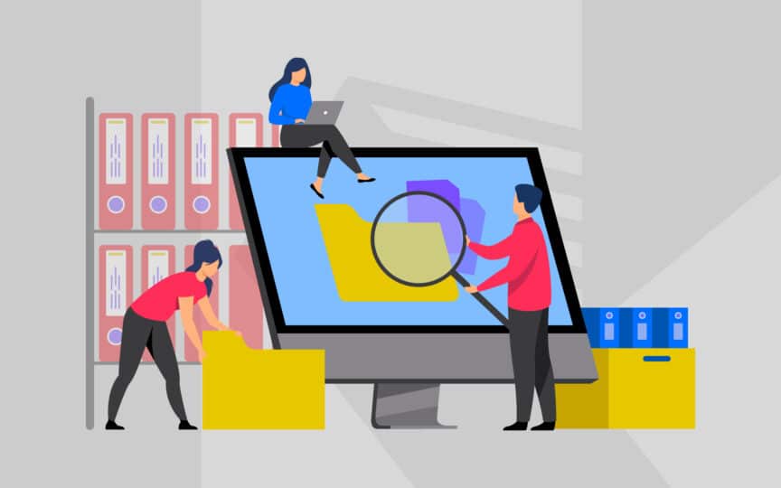 Illustration of people organising digital folders on a large screen, symbolising collecting and visualising brand alignment data.