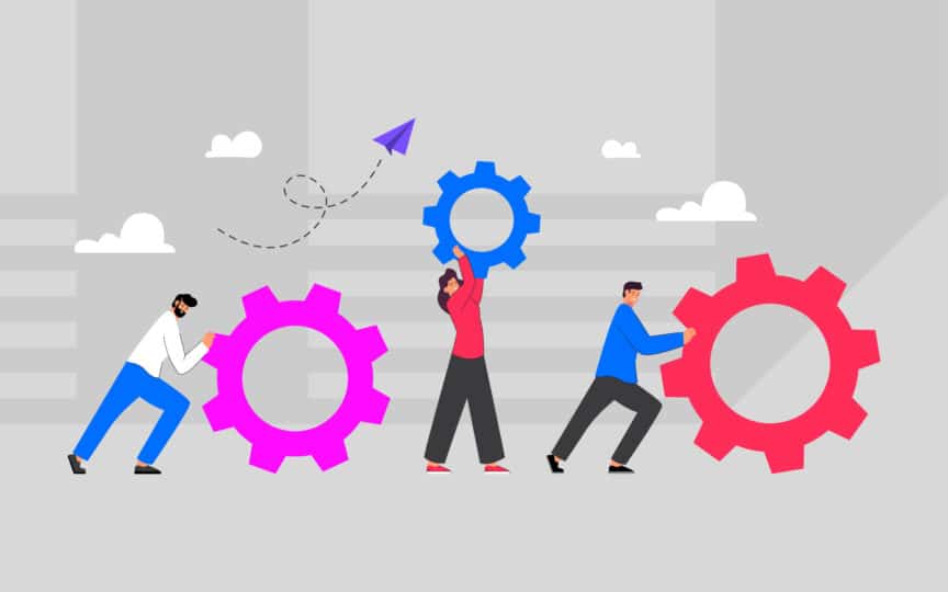 Illustration of people moving large colourful gears