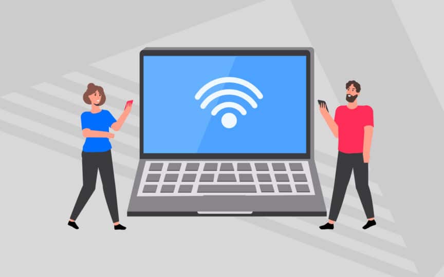 llustration of two people standing beside a large laptop displaying a Wi-Fi signal icon, representing tracking brand alignment signals and outcomes.