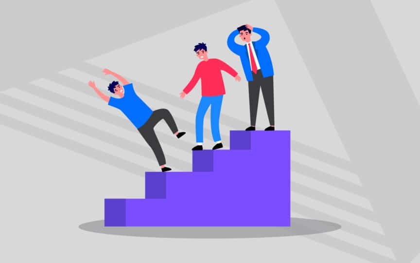 Illustration of a person falling from a staircase while others look on in distress, representing common mistakes in brand engagement.