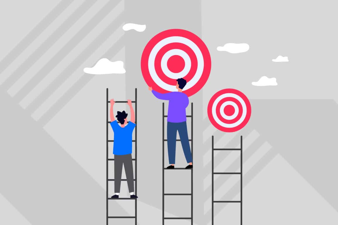 Illustration of people on ladders aligning bullseye targets, representing strategic brand alignment and goal setting.