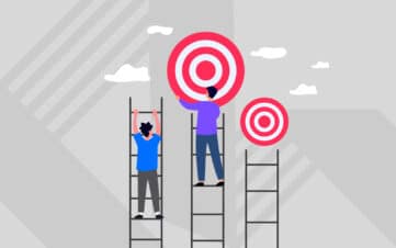 Illustration of people on ladders aligning bullseye targets, representing strategic brand alignment and goal setting.