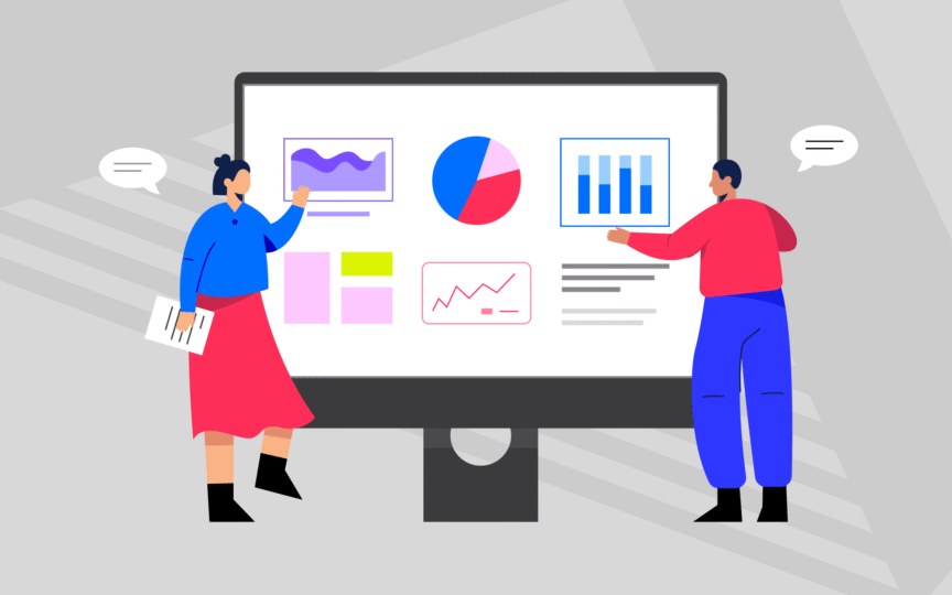 Illustration of two people analyzing charts and graphs on a large screen, symbolizing the first steps of brand architecture rationalisation through analysis and strategy.