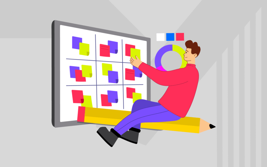 A person organizing colorful sticky notes on a board, symbolizing Fabrik’s process of helping organisations rationalise and simplify brand portfolios.