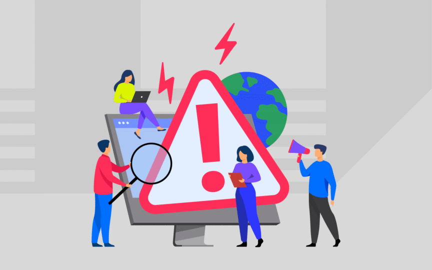 Illustration of people examining a large warning sign with an exclamation mark on a computer screen, symbolising the early detection of brand architecture strain before it escalates into crisis.