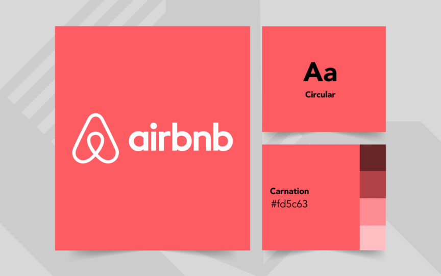 Image of the Airbnb logo and a couple of screens of the brand guidelines.