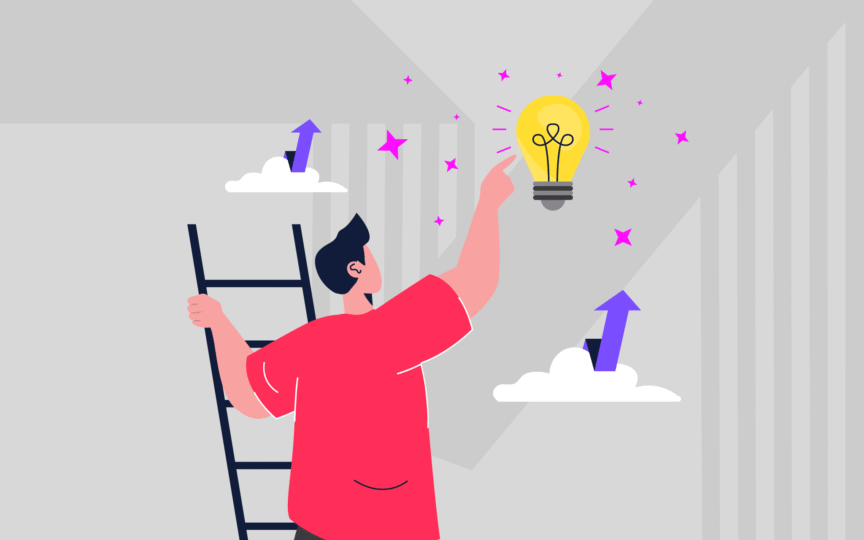 Illustration of a person in a red shirt climbing a ladder and reaching toward a glowing yellow light bulb, symbolizing an idea or inspiration.