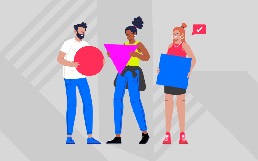 Illustration depicting differences. Three people holding shapes; one circle, one triangle, and a square.