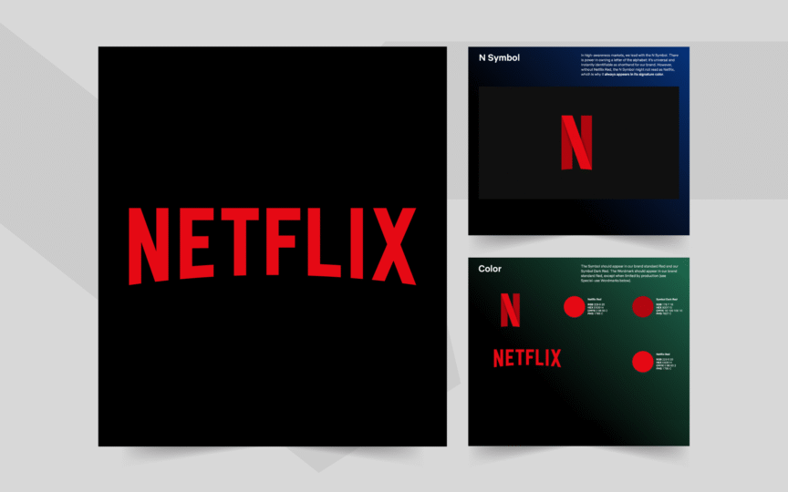 Image of the Netflix logo and a couple of screens of the brand guidelines.