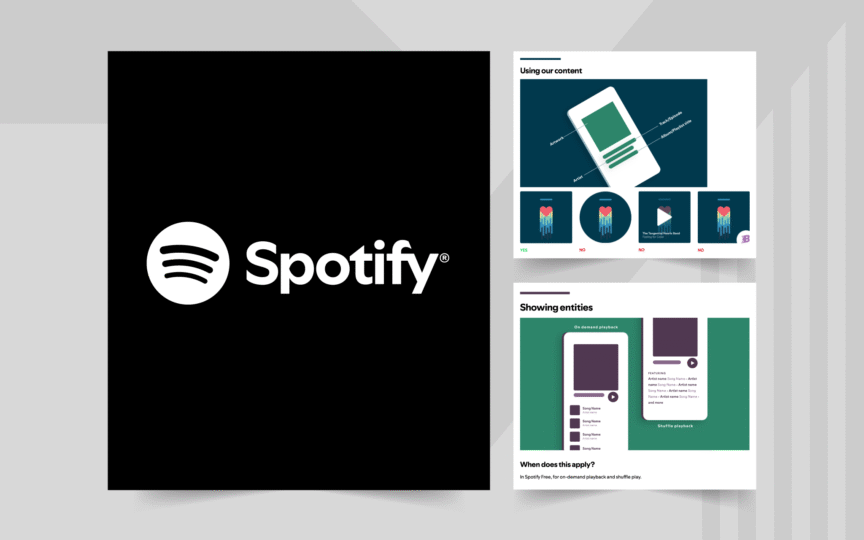 Image of the Spotify logo and a couple of screens of the brand guidelines.