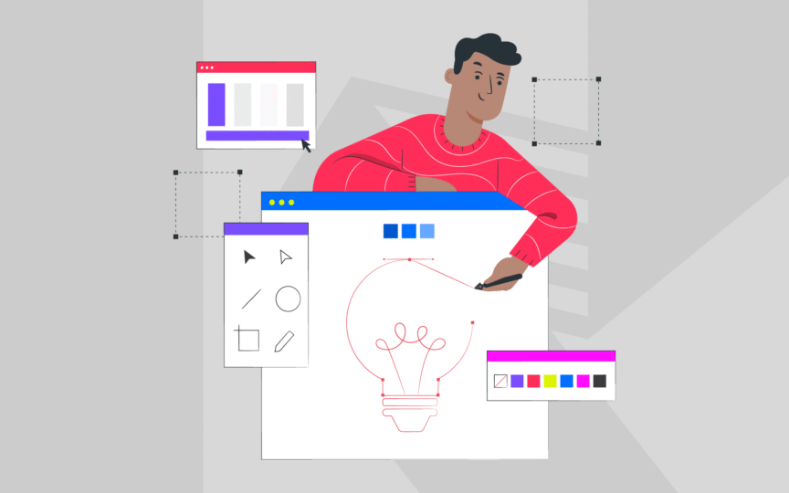 Illustration of man using tools to draw an idea.