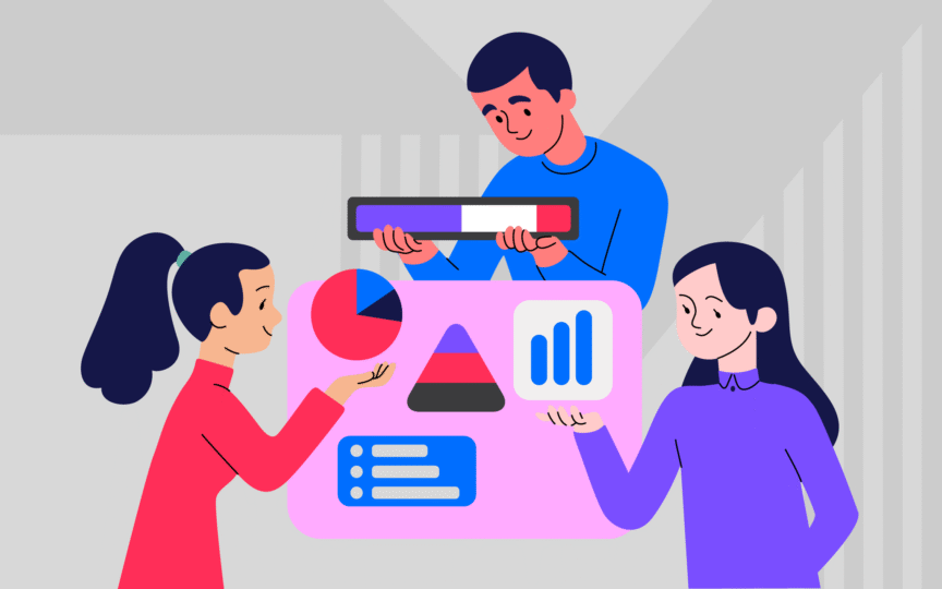 Team analyzing pie charts and color palettes, representing the strategic value of prioritizing brand identity in campaigns.