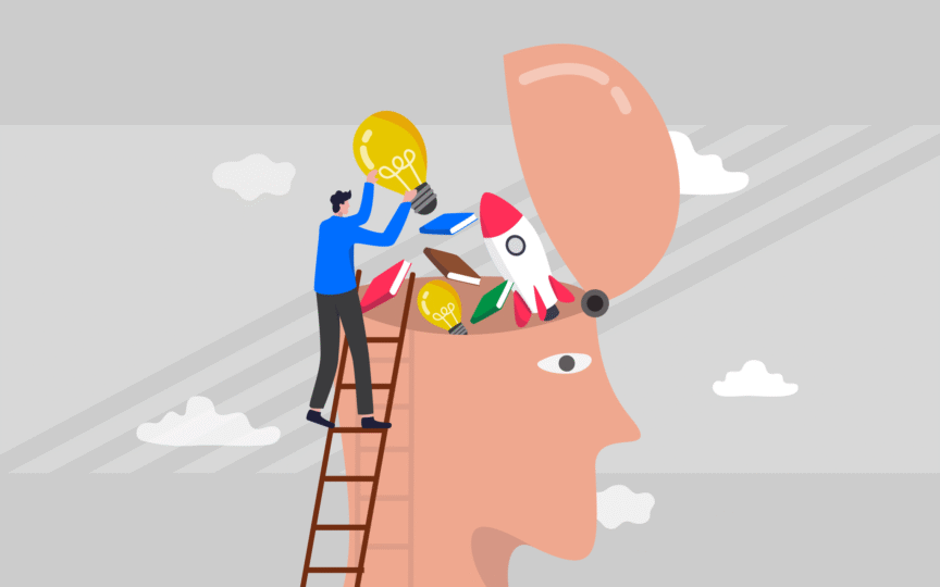 Illustration of a person adding ideas and objects into an open head.
