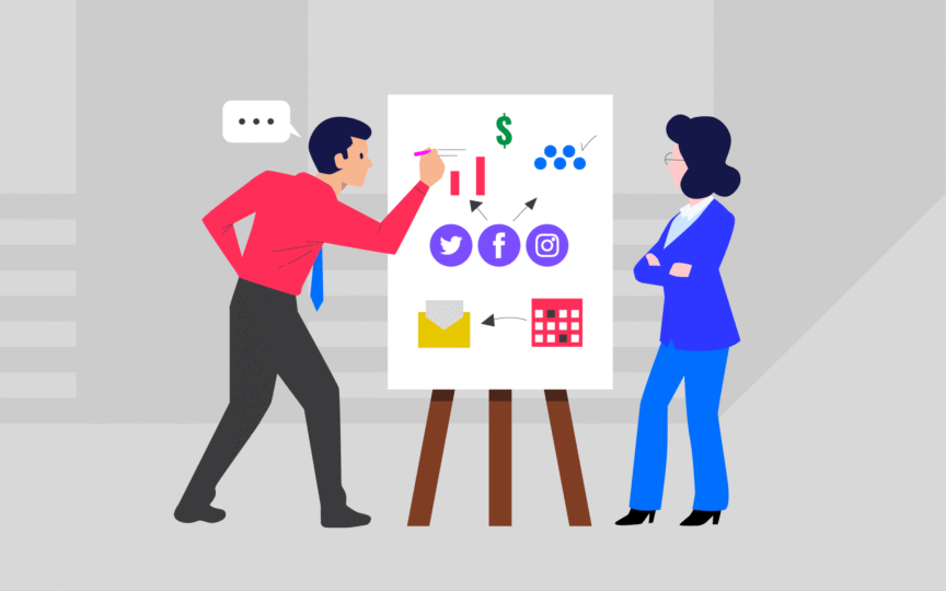 Two people standing beside a presentation board, collaborating on a strategy or campaign plan.