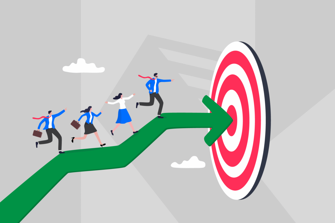 Illustration of a team running along a green arrow toward a target, symbolising brand clarity and how aligned teams work toward a unified brand promise.