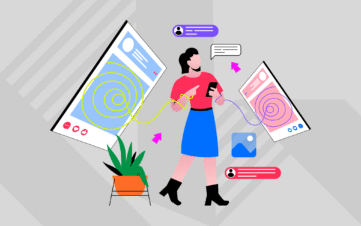Illustration of a woman surrounded by digital content, symbolizing brand clarity in a cluttered online space.
