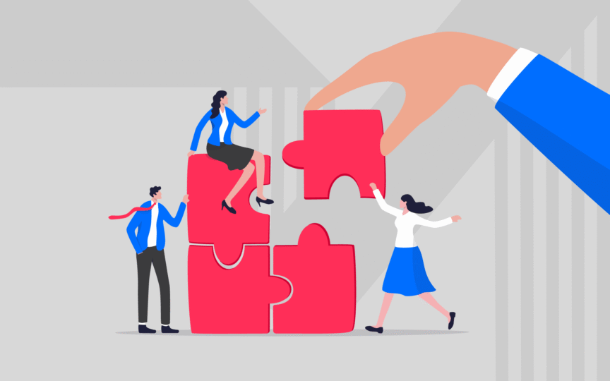 Illustration of people assembling large red puzzle pieces, symbolising teams working together to build brand clarity.