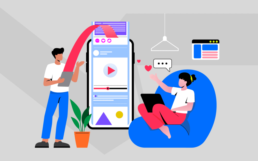 Man and woman engaging through digital content on a mobile screen, illustrating how brand clarity boosts marketing impact.